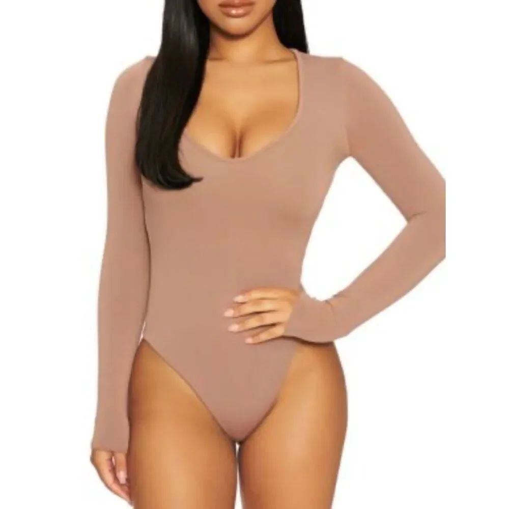 NAKED WARDROBE Bodysuit NEW Plunge V Neck Thong Long Sleeve Bougie Beige Size S - Picture 7 of 7